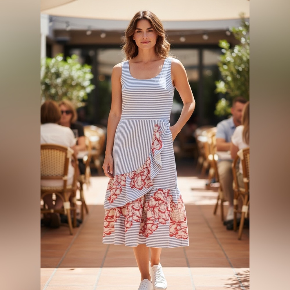 Anthropologie Laia Cayce Midi Seersucker Stripe•Flamenco Ruffle Dress Medium